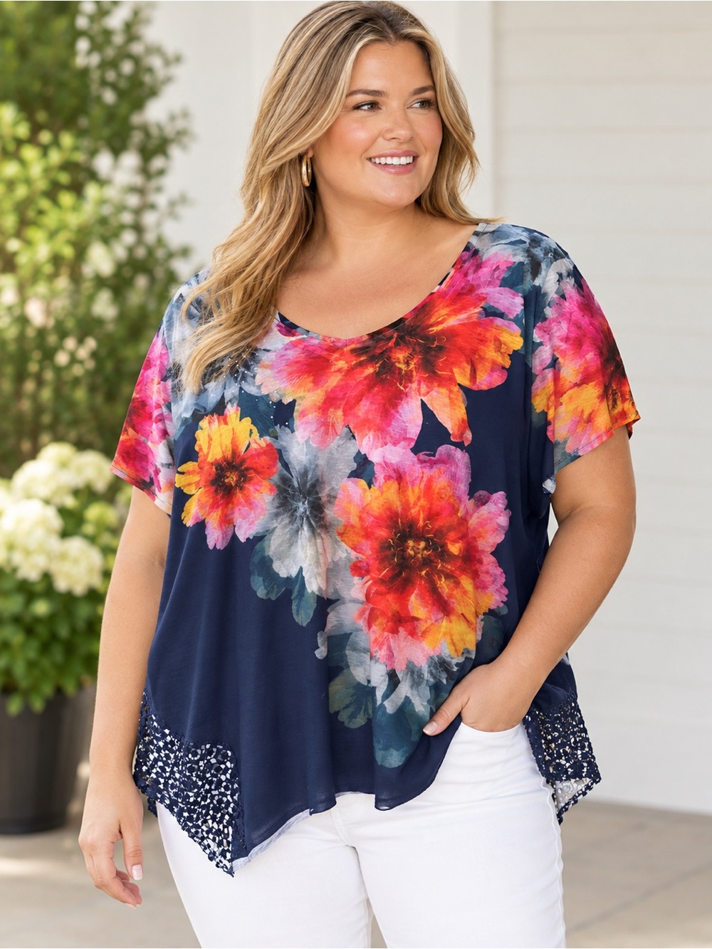 Navy Floral V-Neck Tunic with Lace Trim